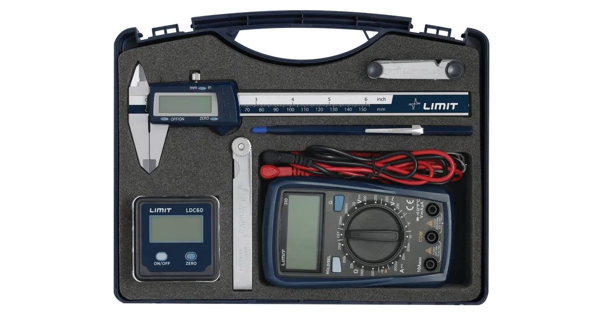 6DELIGE MEETSET MET DIGITALE SCHUIFMAAT MULITMETER GRADENBOOG SCHROEFDRAADMETER KRASPEN VOELERMAAT LIMIT