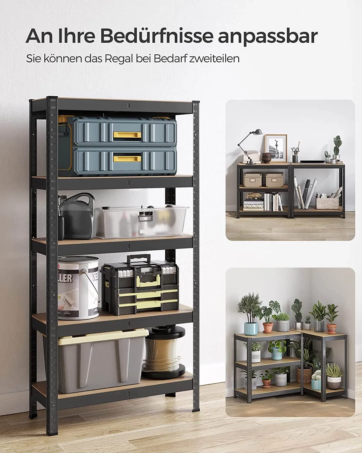 HEAVYDUTY REK SET VAN 2 – KELDERREK MET STALEN FRAME, 30X75X150CM, 5 VERSTELBARE PLANKEN, ZWART